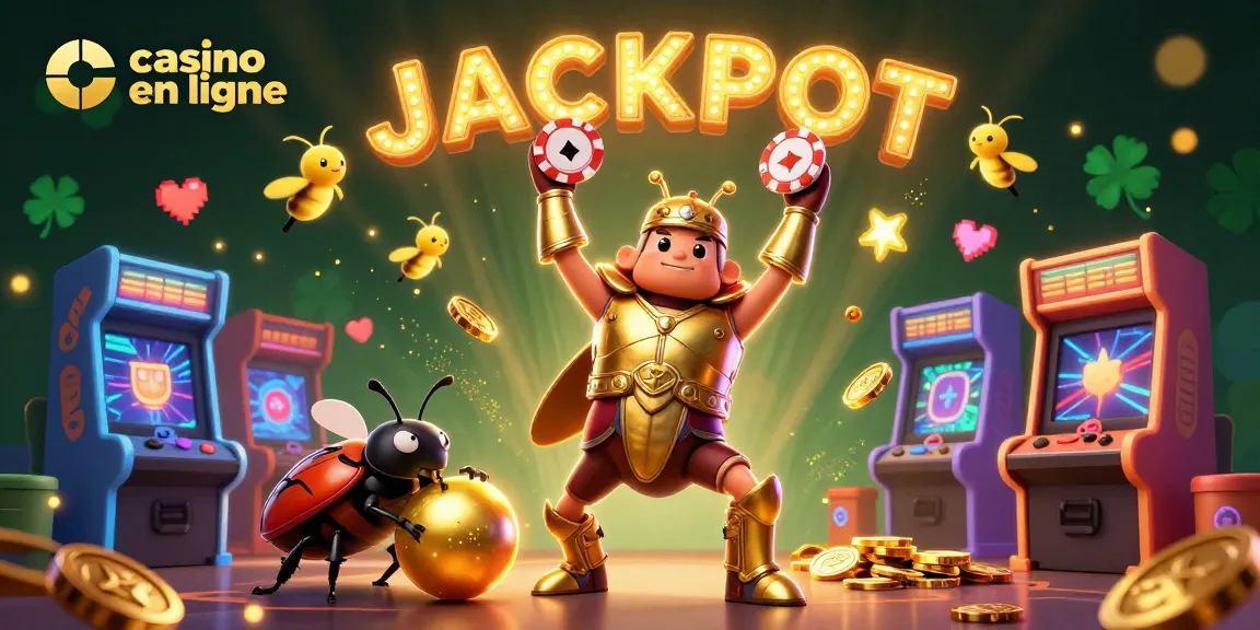 Jeux de casino en ligne captivants avec un scarabée en armure, des éléments de jackpot et des machines colorées.