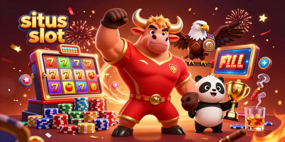 Sweep into fun with situs slot as the bull mascot celebrates a big win with friends in a vibrant casino scene.
