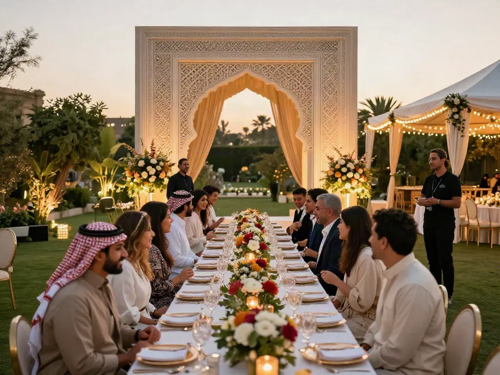 Event rental ksa for a luxurious outdoor wedding setup showcasing elegant decorations and beautiful floral arrangements.
