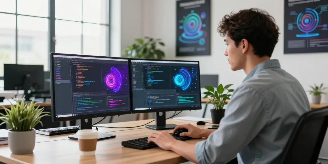 快连 software setup with a developer coding on dual monitors, showcasing productivity in a modern tech office.