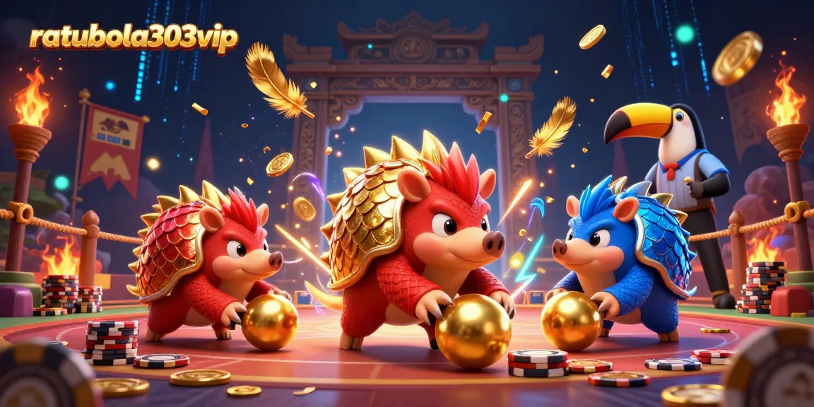 Raih kemenangan dalam permainan kasino di ratubola303vip dengan pangolins bertarung dan tumpukan chip poker.