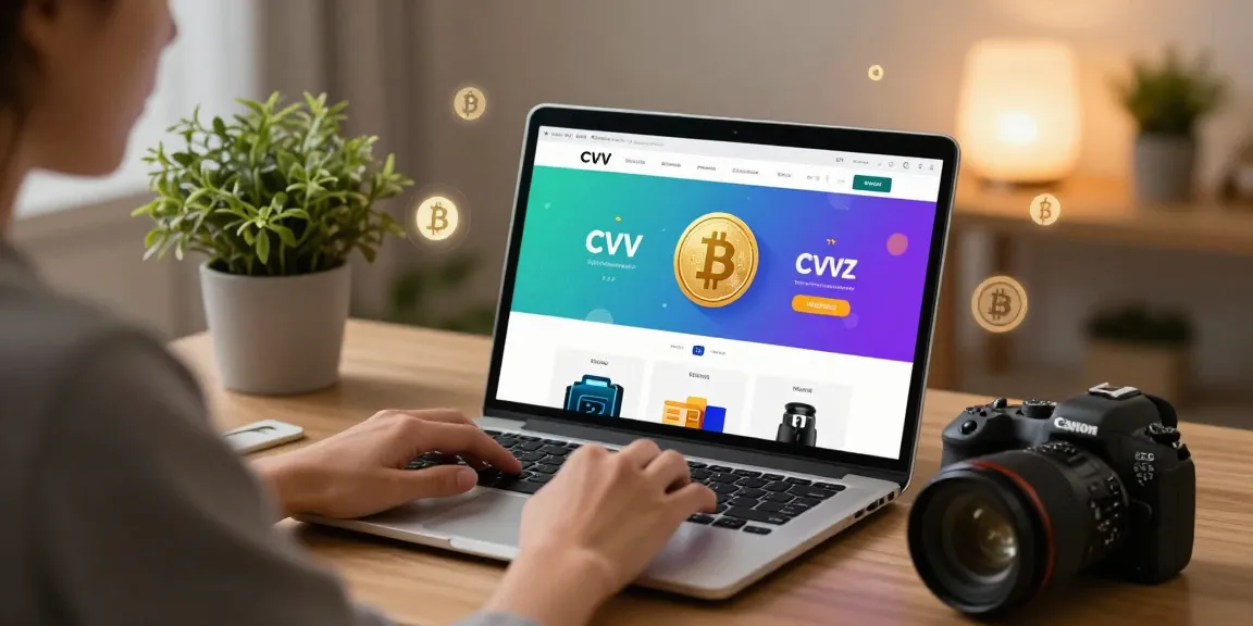 Engaging scene of a user exploring a trusted cvv shop website with cryptocurrency icons and vibrant graphics.