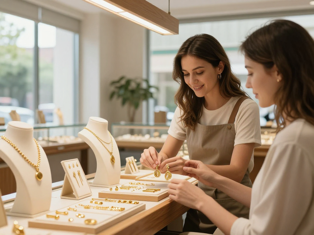 Explore gold jewelry options at https://bahraingoldprices.com/ with a welcoming jeweler showcasing elegant pieces.
