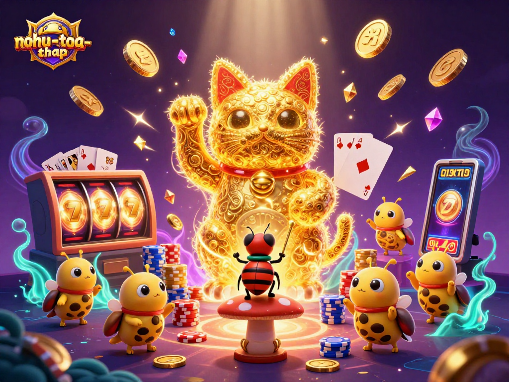 Nohu-toa-thap showcases a giant lucky cat, symbolizing fortune in an exciting casino game environment filled with vibrant elements.