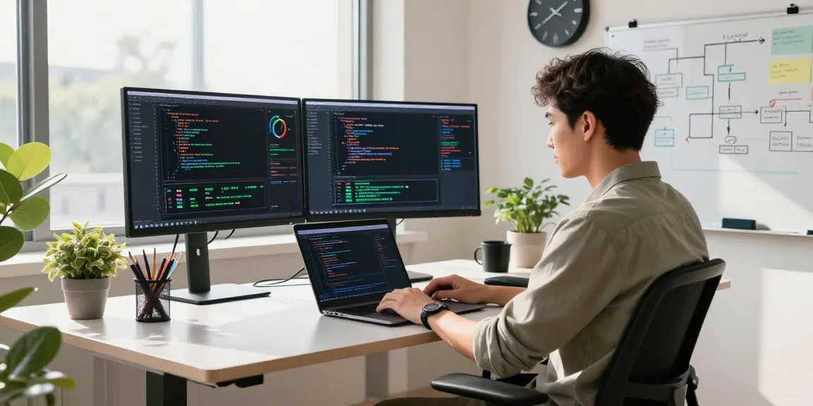 快连 network acceleration software in a modern workspace with monitors displaying performance metrics and coding.