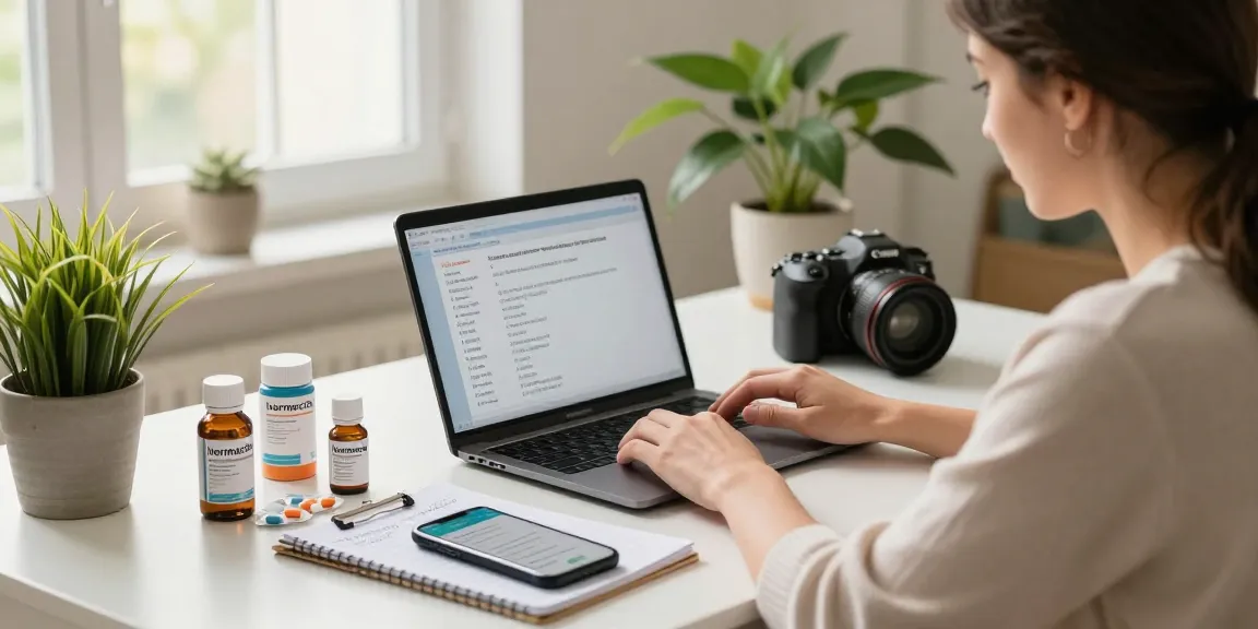 Ivermectin dosage for humans researched by a customer at home with health product samples and a laptop.