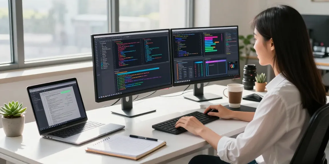 Focused developer working with 纸飞机中文版 software in a modern tech workspace, showcasing a productive atmosphere filled with code and design elements.