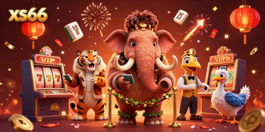 Experience the excitement at xs66 casino with a woolly mammoth bouncer, VIP saber-tooth tiger, and festive decorations.