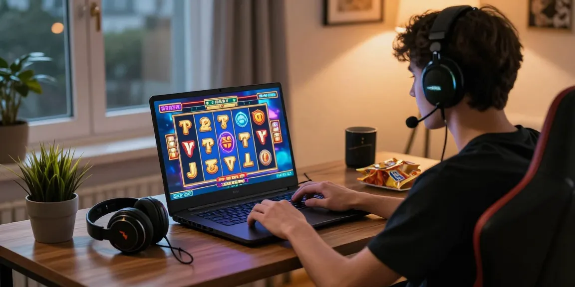 Pengalaman bermain Pasar88 dengan pemain terfokus di slot online, dikelilingi aksesori gaming dan pencahayaan hangat.