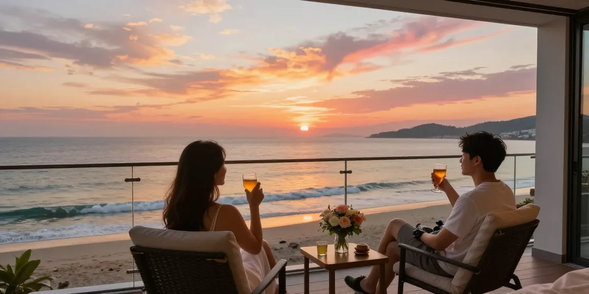 Couple enjoying a romantic sunset view at 여수op's oceanfront balcony.
