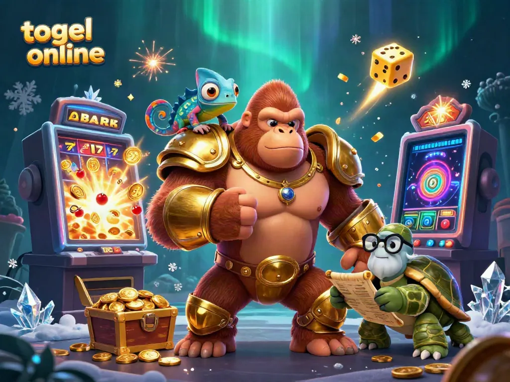 Engage with thrilling togel online games featuring gorilla king and chameleon in a vibrant casino scene.
