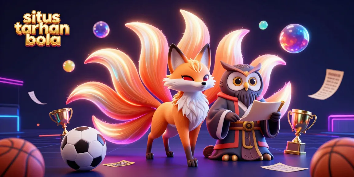 Situs taruhan bola sports betting illustration with a mystical fox and wise owl surrounded by colorful sports elements.