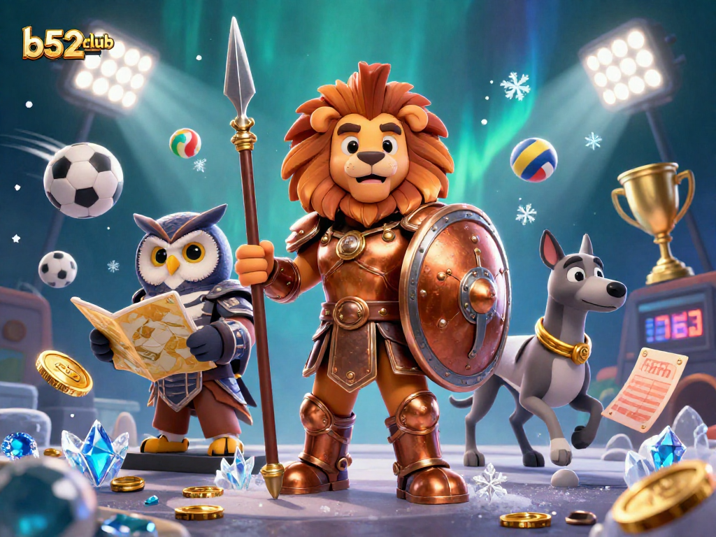 Engage with b52club's exciting betting scene featuring a Spartan lion and dynamic sports elements.