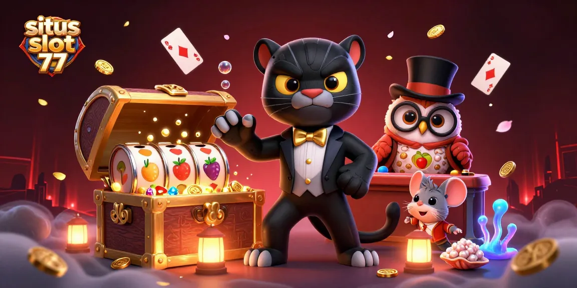 Experience excitement with situs slot 77 in a vibrant 3D casino-themed illustration featuring thrilling elements.