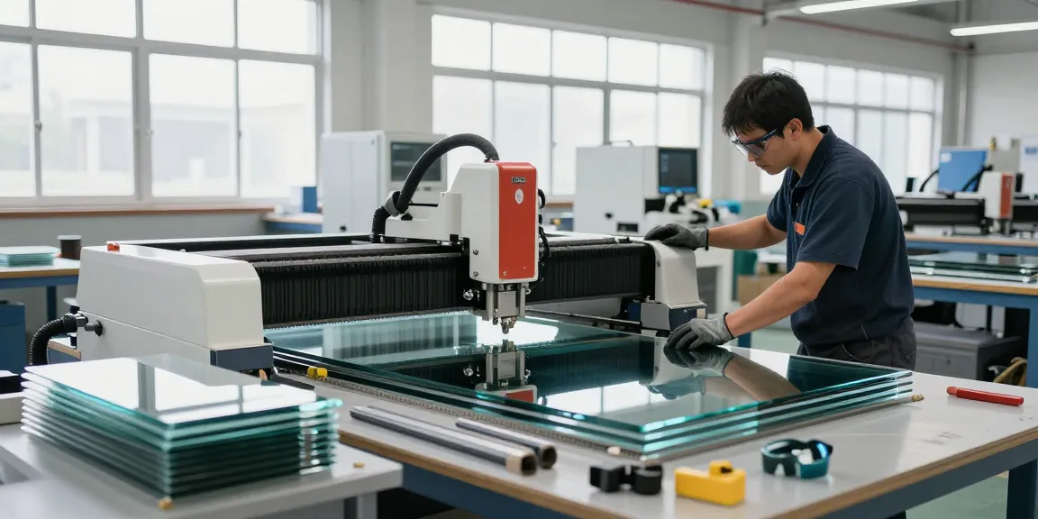 Technician operating a glass cutting machine in a bright workshop, showcasing advanced glass processing technology.