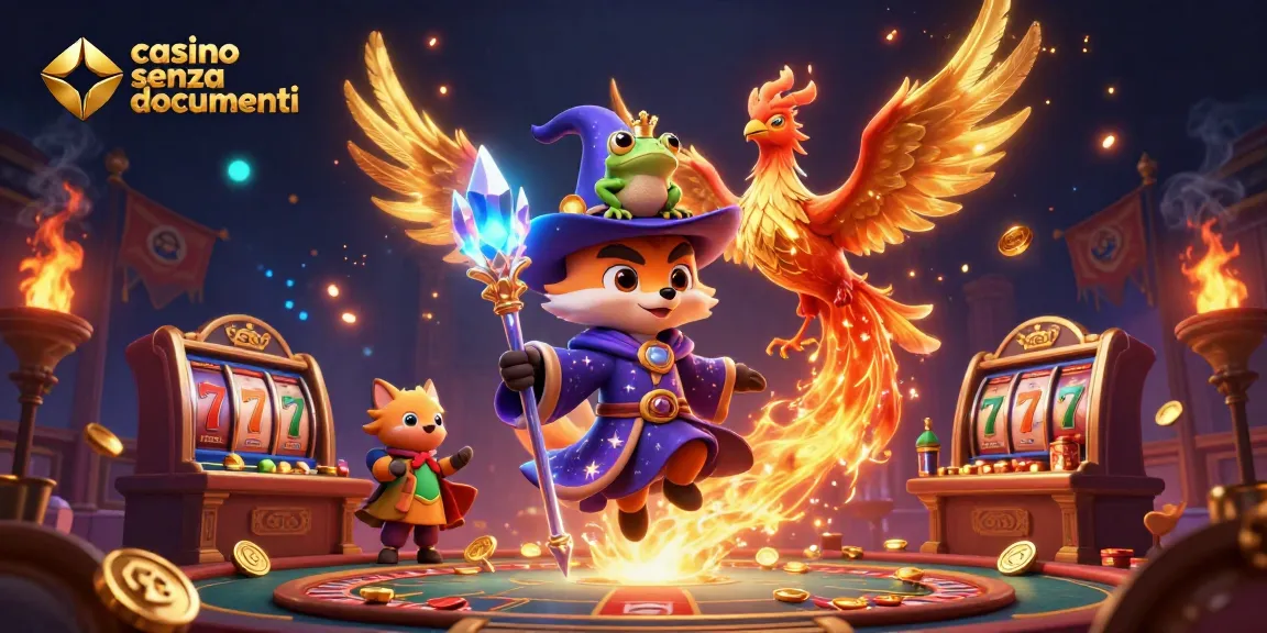 Scopri il brivido del casino senza documenti con una strepitosa volpe magica, un fenice e elementi di gioco vibranti.