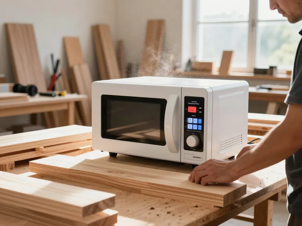 Craftsman using SHASHEL® microwave device for effective woodworm elimination in bright workshop.