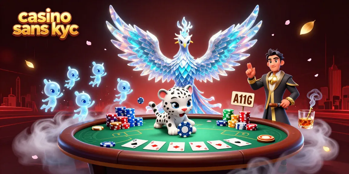 Jouer dans un casino sans KYC avec un phoenix de glace et un chat léopard entouré de jetons et cartes poker.