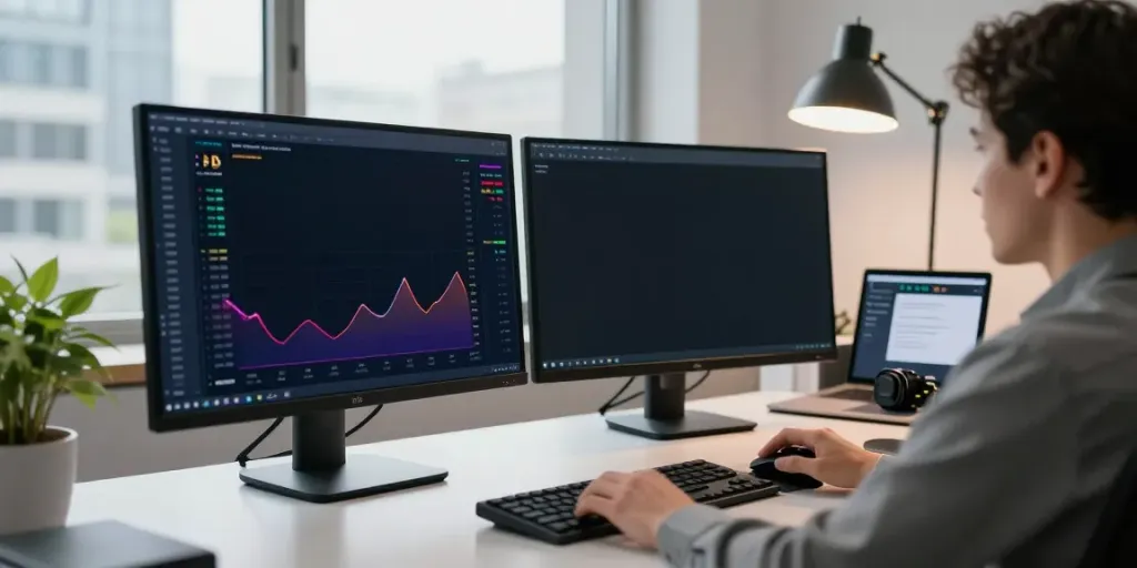 Real-time crypto API insights displayed on dual monitors in a modern trading workspace, focusing on Bitcoin and Ethereum analytics.
