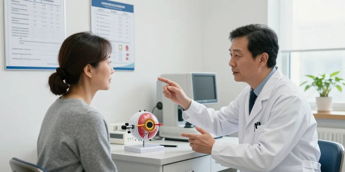 Glaucoma awareness discussion between ophthalmologist and patient in a health clinic