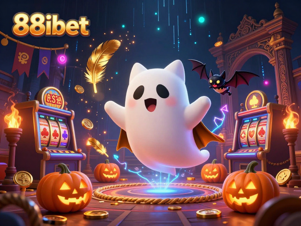 Engaging 3D illustration of the haunted world of 88ibet featuring a ghost cat, a bat, and glowing poker-jack-o-lanterns.