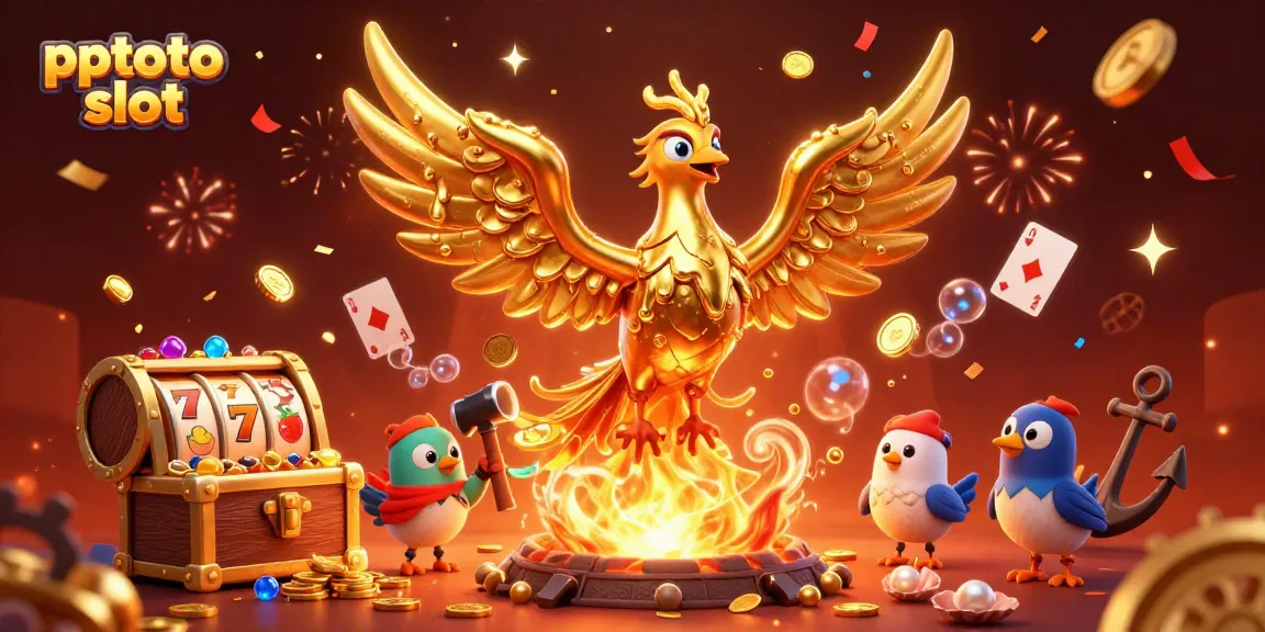 Experience the thrill of pptoto slot with a golden phoenix emerging from a vibrant casino scene.