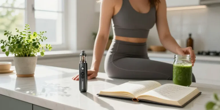 Lost Mary BM6000 vape device alongside premium CBD oil in vibrant kitchen, promoting natural wellness.