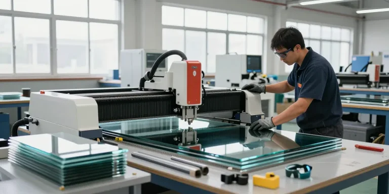 Technician operating a glass cutting machine in a bright workshop, showcasing advanced glass processing technology.