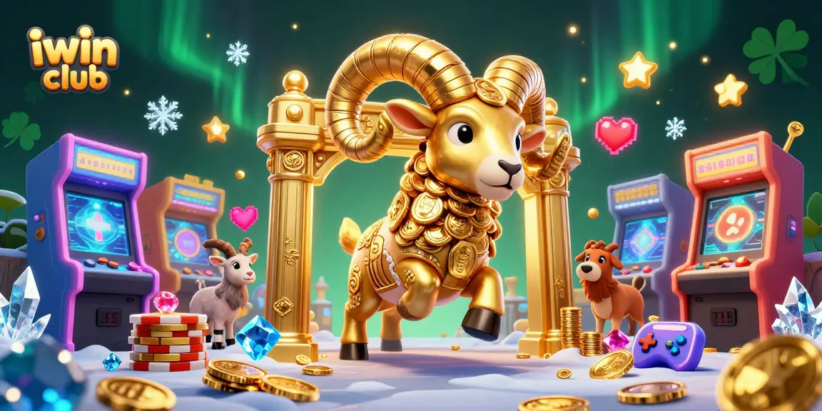Experience the excitement at iwin club with golden ram bursting through a vibrant casino-themed illustration.