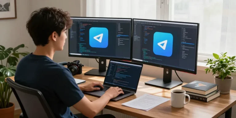 使用Telegram中文版的开发者在现代工作台前编程，展现出编程书籍和Telegram图标。