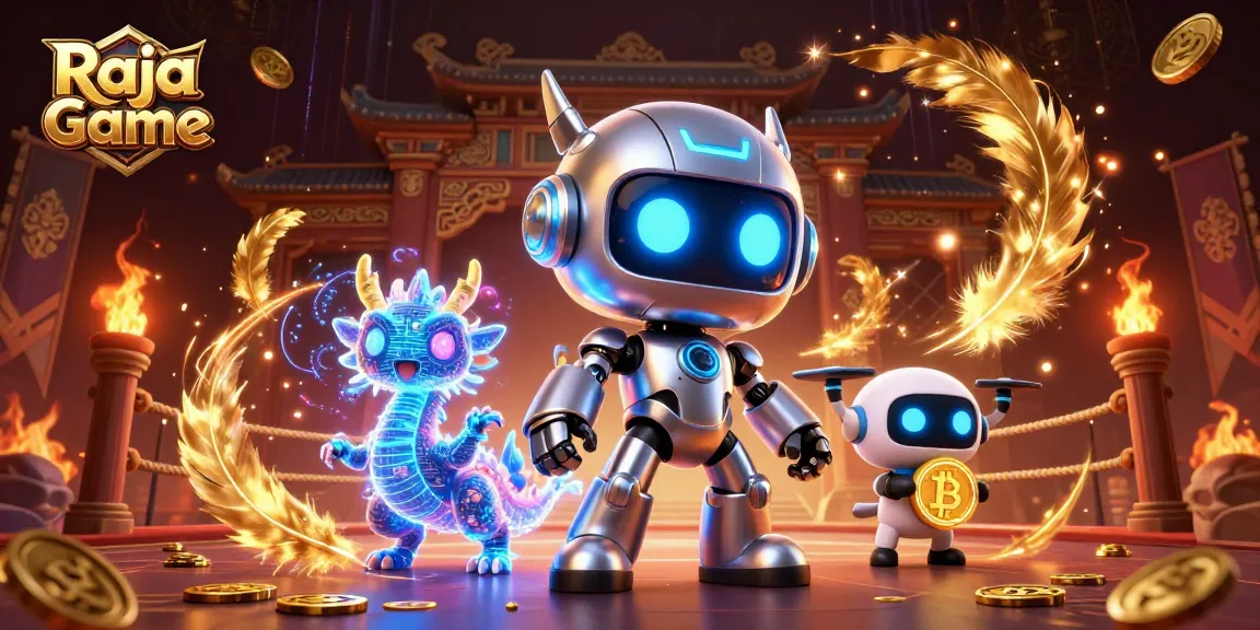 Engage with Raja Game excitement through a 3D casino scene with vibrant neon characters and dynamic elements.