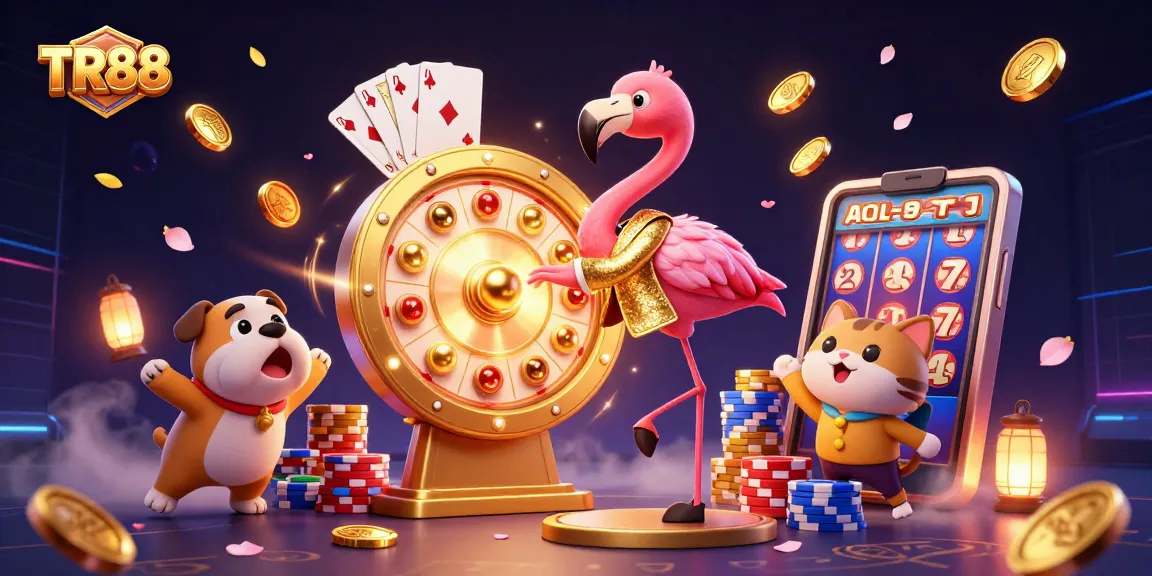 Engaging TR88 illustration showing a flamingo host and excited bulldog contestant in a vibrant casino scene.