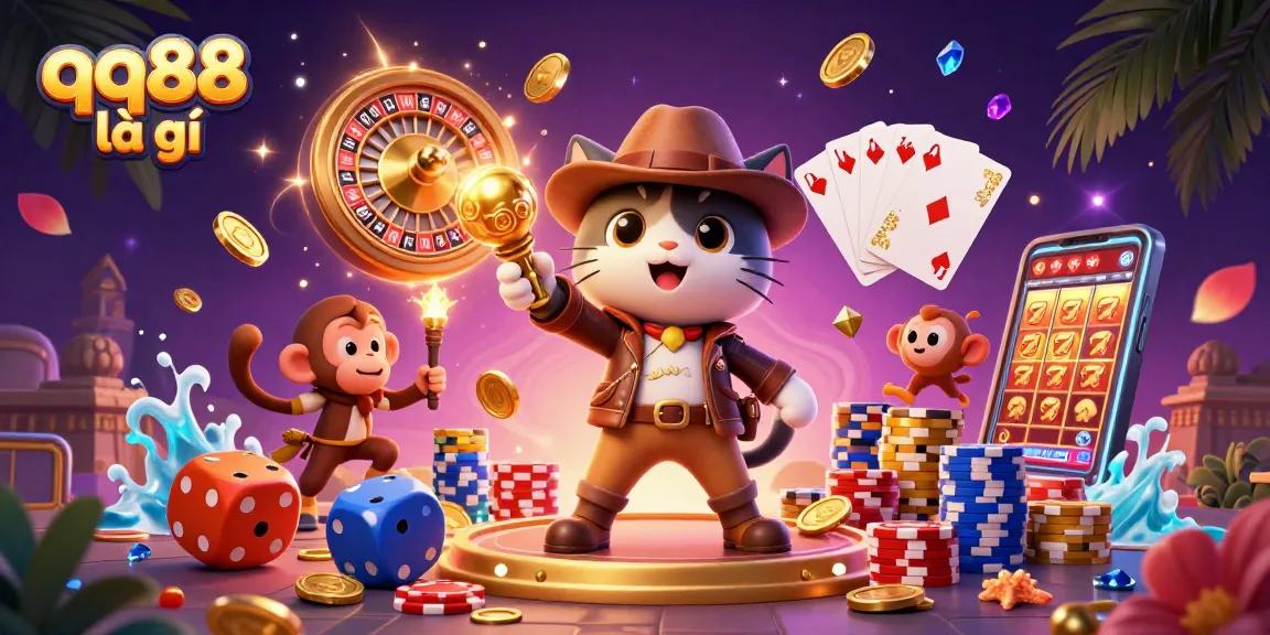 Discover the essence of qq88 là gì with a vibrant casino-themed adventure featuring game elements and characters.