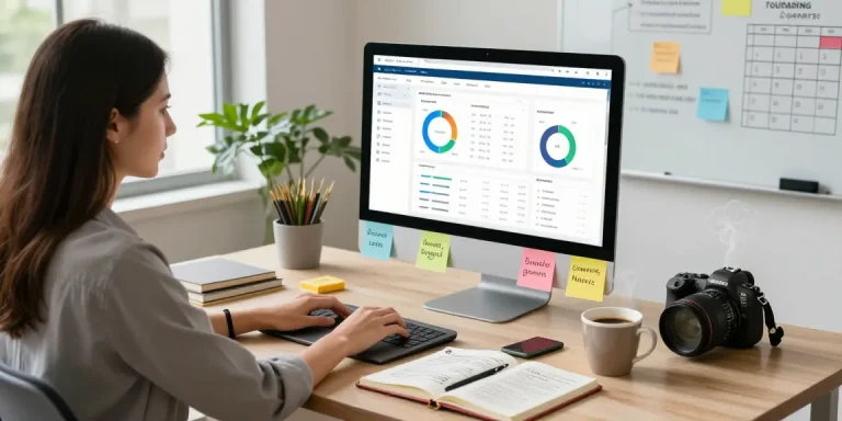 Creating quality and authority blogs in a vibrant blogging workspace filled with research notes and performance metrics.