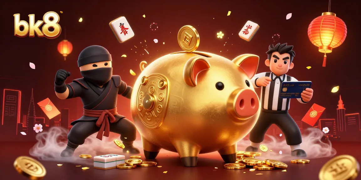 Experience the thrill of bk8 with a dynamic 3D scene showcasing a golden piggy bank sumo wrestler amidst vibrant casino elements.