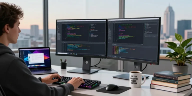 Developer coding on dual monitors in a tech workspace at teiegramin.com