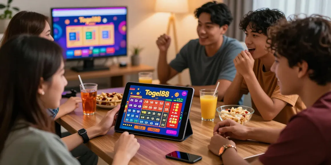 Engaged friends enjoying Pasaran Togel Terlengkap on Togel88 website in a lively setting.