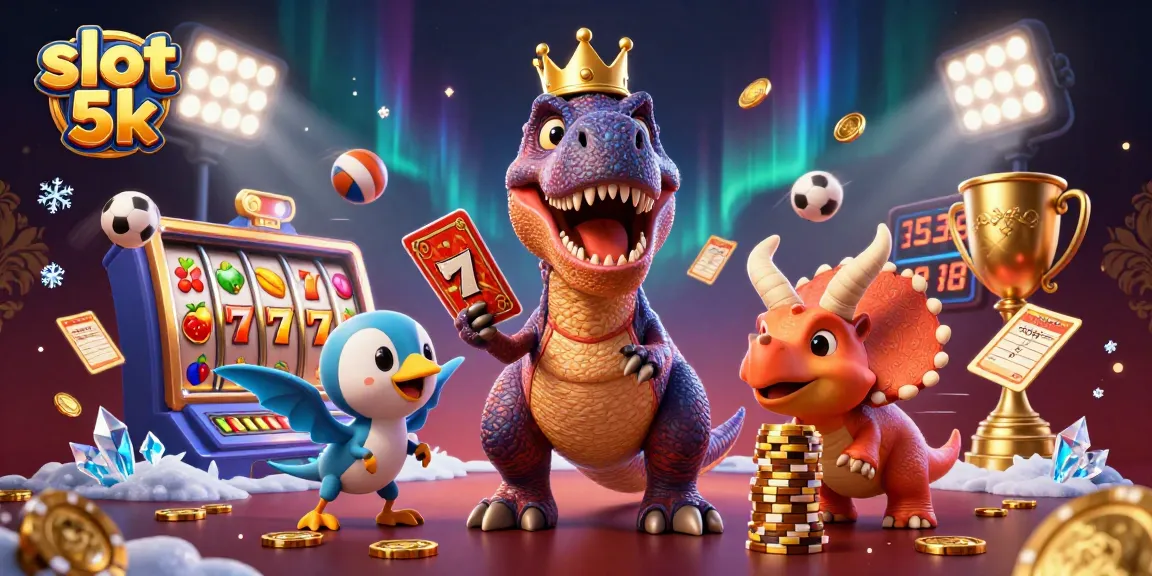 Engaging slot 5k scene with T-Rex shuffling cards and triceratops stacking chips