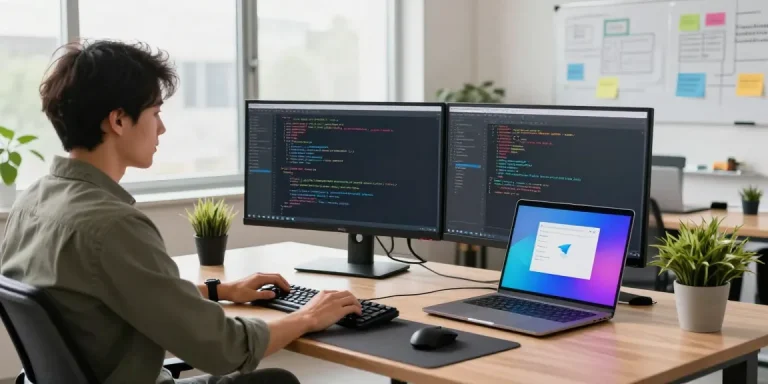 Developer working on the 纸飞机中文版 application in a modern office with dual monitors and coding.