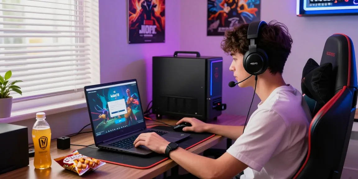 The main character engaging with haha178 login on a laptop, surrounded by gaming accessories and snacks in a vibrant gaming room.