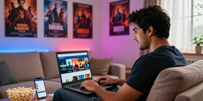 Youth engaging with bolly4u org while watching popular movie trailers in a cozy home theater atmosphere.
