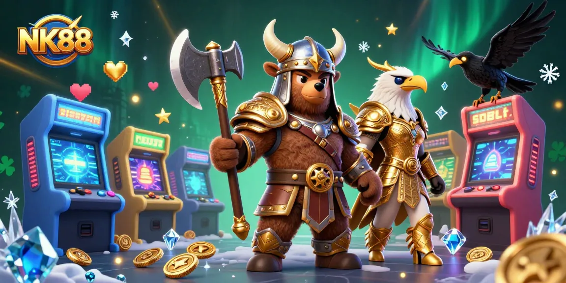 Experience thrilling jackpots at NK88 with a dynamic casino illustration featuring a Viking bear and Valkyrie eagle.