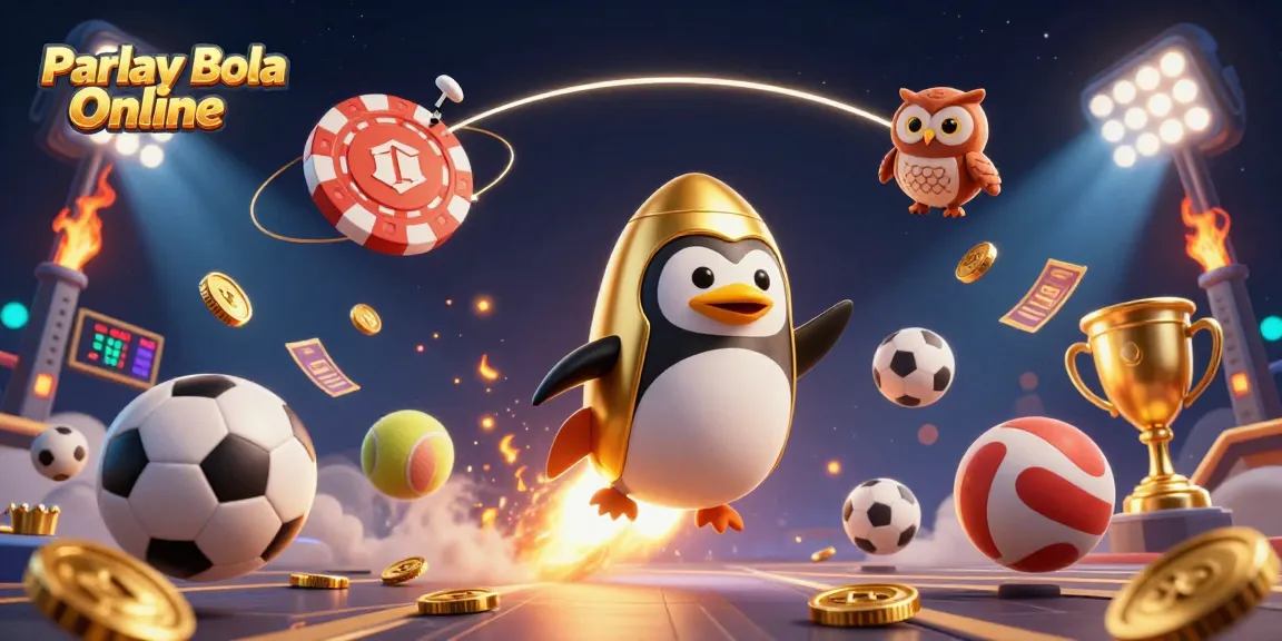 Engage in Parlay Bola Online as a golden penguin rockets past a casino space station.