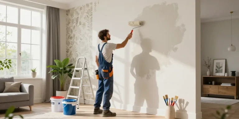 Renovation process in a modern living room with skilled contractor painting a wall, tools, and stylish decor.
