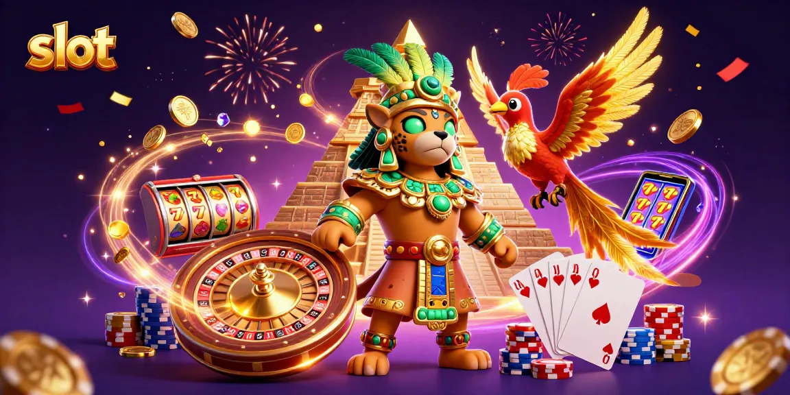 Slot menang besar dengan mesin slot yang penuh simbol dan jackpot, bersamaan dengan karakter kartun yang ceria.