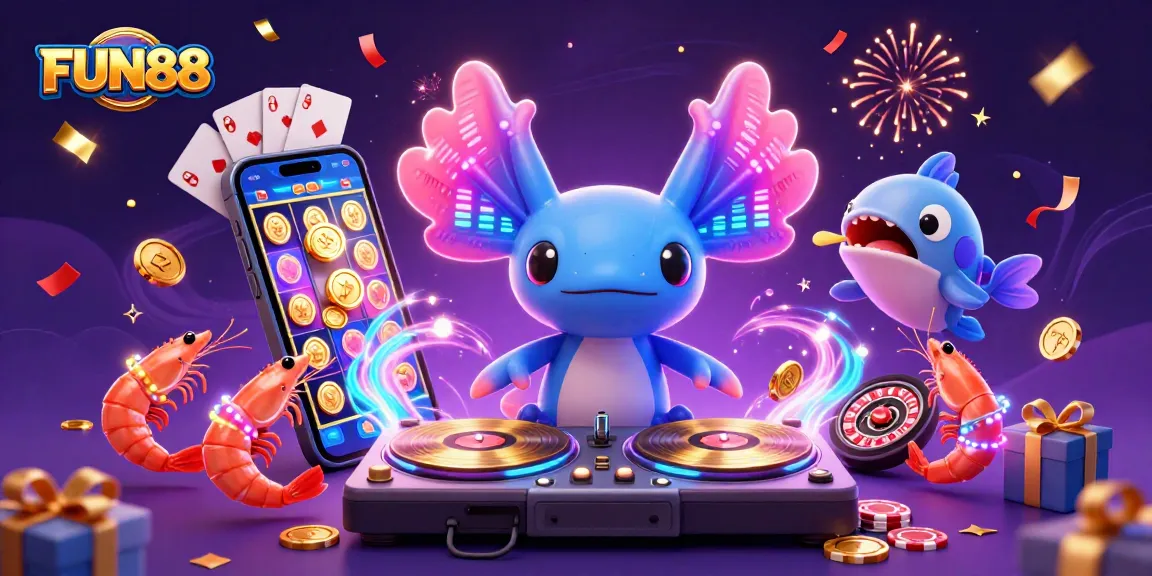 Join the FUN88 celebration with vibrant casino elements and energetic characters in a neon-lit scene.