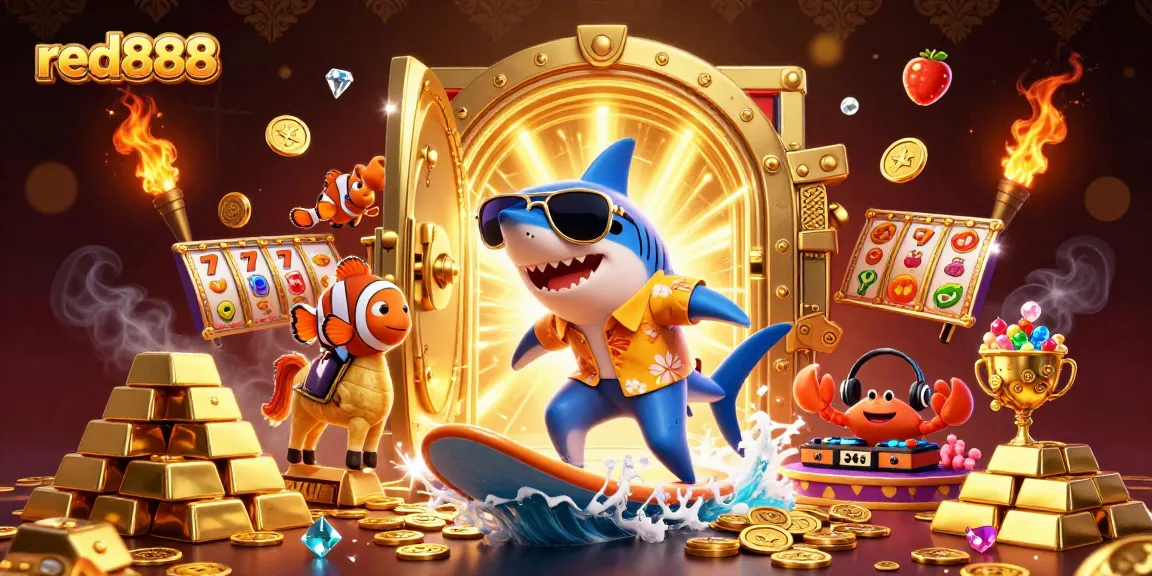 Spin with red888 as a hammer-head shark rides a wave of coins in this vibrant slots-themed scene.