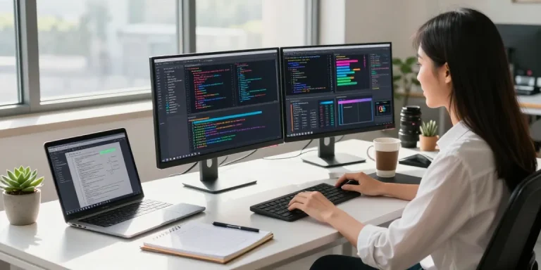 Focused developer working with 纸飞机中文版 software in a modern tech workspace, showcasing a productive atmosphere filled with code and design elements.