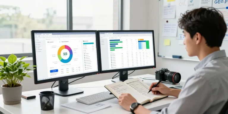 SEO Agency team analyzing website metrics in a bright office setting.