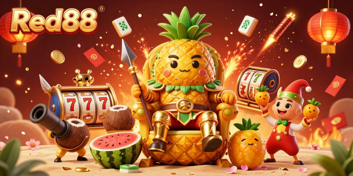 Red88 enhances the gaming experience with a dynamic casino scene featuring a golden pineapple king and playful characters.
